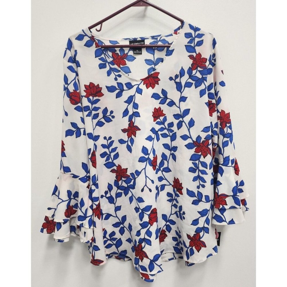 Liz Claiborne Career Womens Blouse XL Blue Cream Floral Ruffle Woven Popover Top